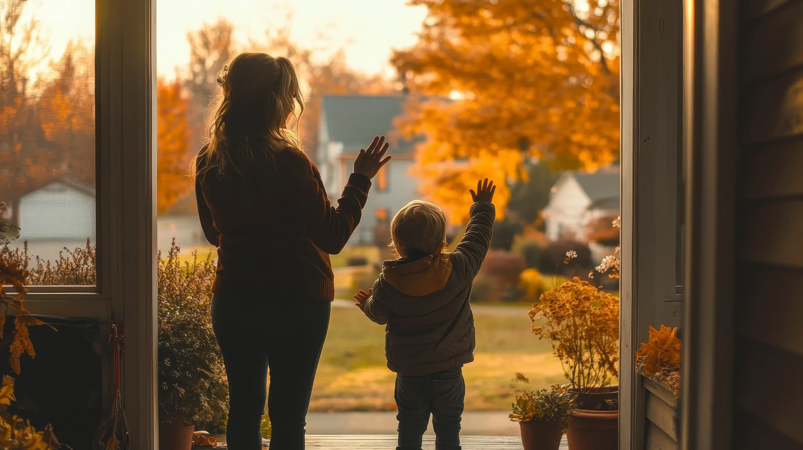 A woman and child stand in a doorway, waving outside on a sunny autumn day. Orange leaves on trees create a warm, nostalgic atmosphere.