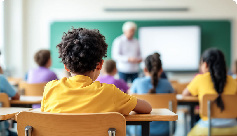 A classroom with children seated at desks facing a teacher. The focus is on a child in a yellow shirt, with a green chalkboard and bright ambiance.